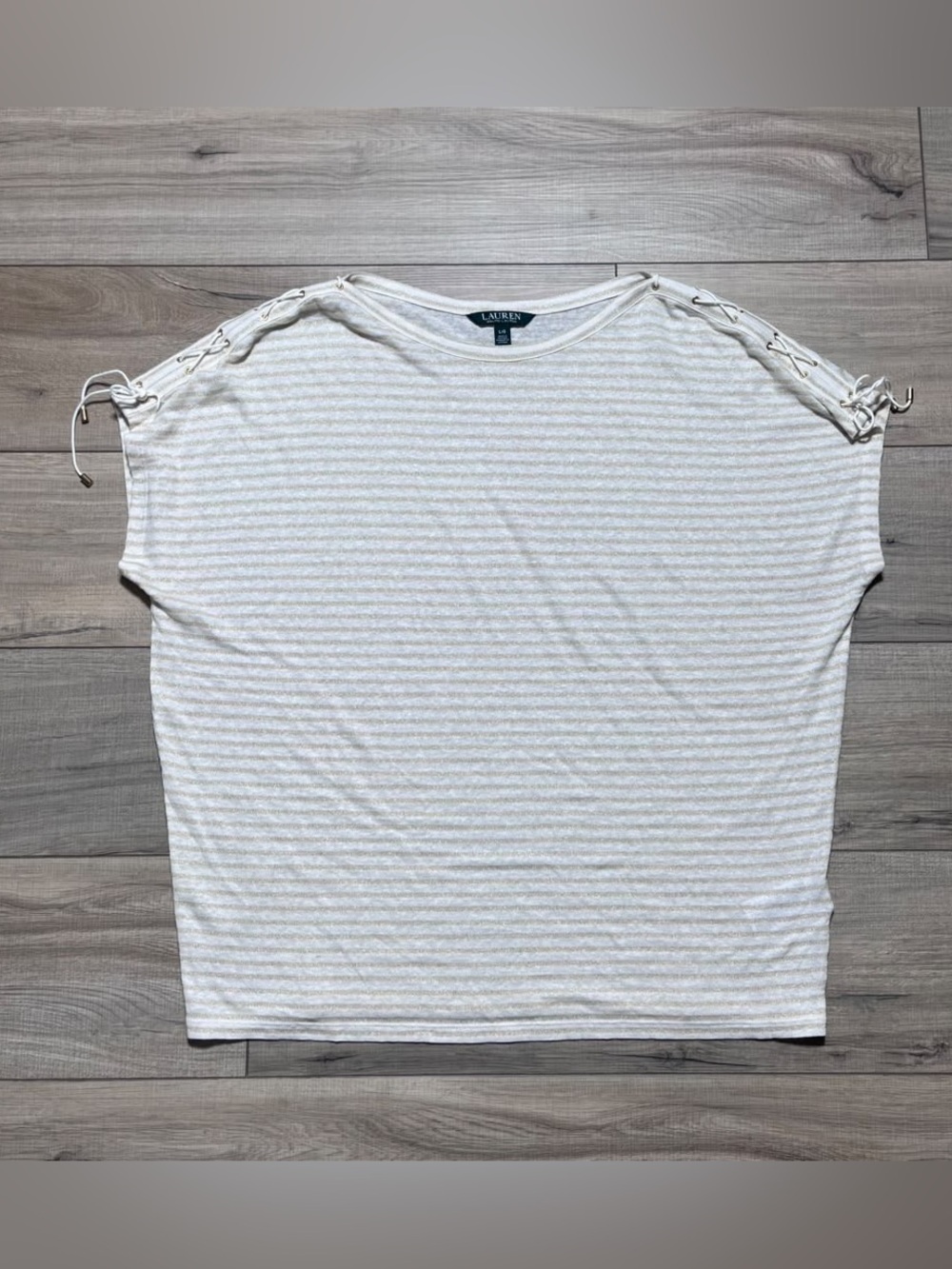 Lauren Ralph Lauren Womens Linen Blend Striped Lace Up Shoulder Top Large